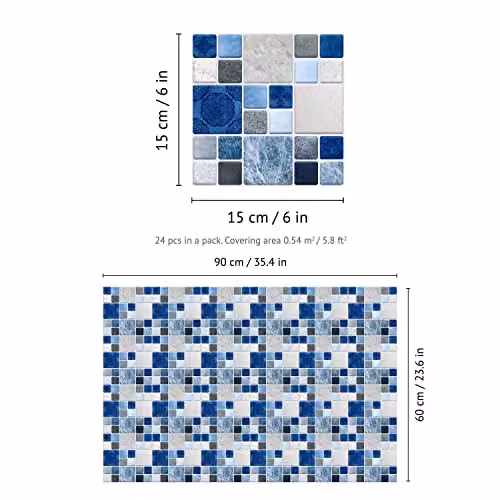 WALPLUS 24-Piece Blue and Grey Stone Selection Mosaic Wall Tile Sticker Set, W/D/H: 15 x 15 x 15 cm – 6