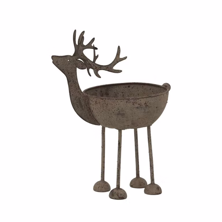 Lemon Pavilion Rustic Reindeer Metal Bowl Decoration, White and Brown, W: 14 cm, D: 9 cm, H: 18 cm