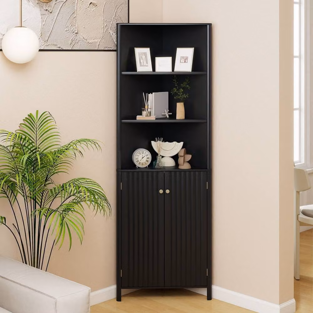 Costway Modern Black Corner Storage Cabinet with 5 Shelves and Hinged Doors – 5