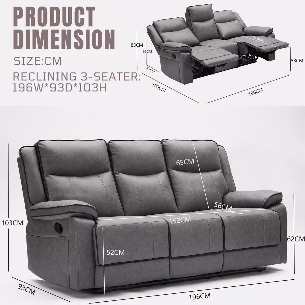 FURNITURE ONE 3 Seater Manual Recliner Sectional Sofa in Grey – 2