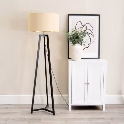 ValueLights Black Wood Tripod Floor Lamp with Beige and Gold Drum Lampshade and Included LED Bulb – 2