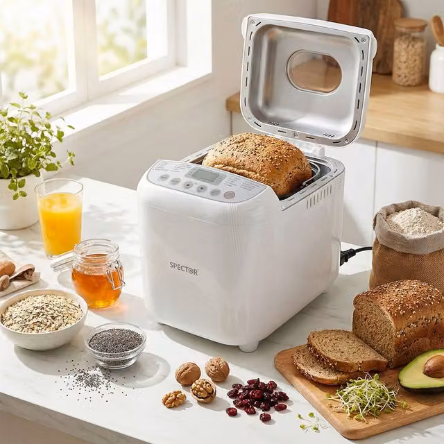 Spector 19-in-1 Automatic Bread Maker, 600W, White and Silver Stainless Steel with Non-Stick Coating