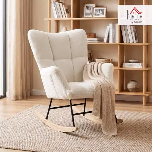 HOMCOM Bouclé Rocking Chair with Armrests in White and Beige, W/D/H: 66 x 90 x 90 cm – 2