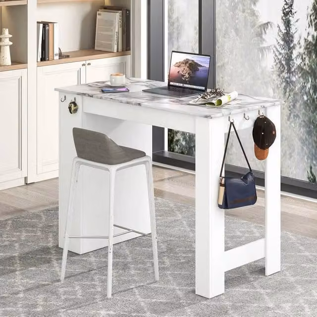 FORGEVIO Modern Rectangular Dining Table and Bar Table with Adjustable Marble Shelf in White