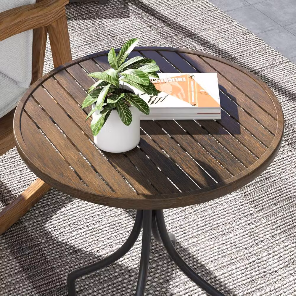 Wyld Haus Round Bistro Table in Brown Wood Grain Galvanised Steel, Height: 71.5 cm, Diameter: 66 cm – 5