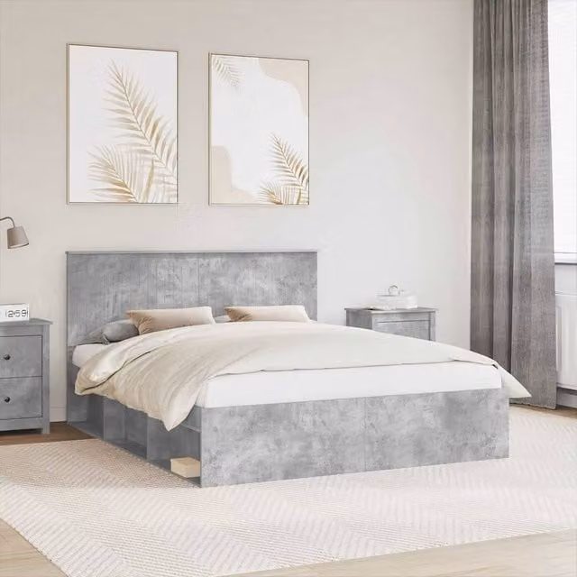Berkfield Home Modern Bed Frame with Headboard in Grey, Solid Pine and Engineered Wood, W/D/H: 160 x 200 cm