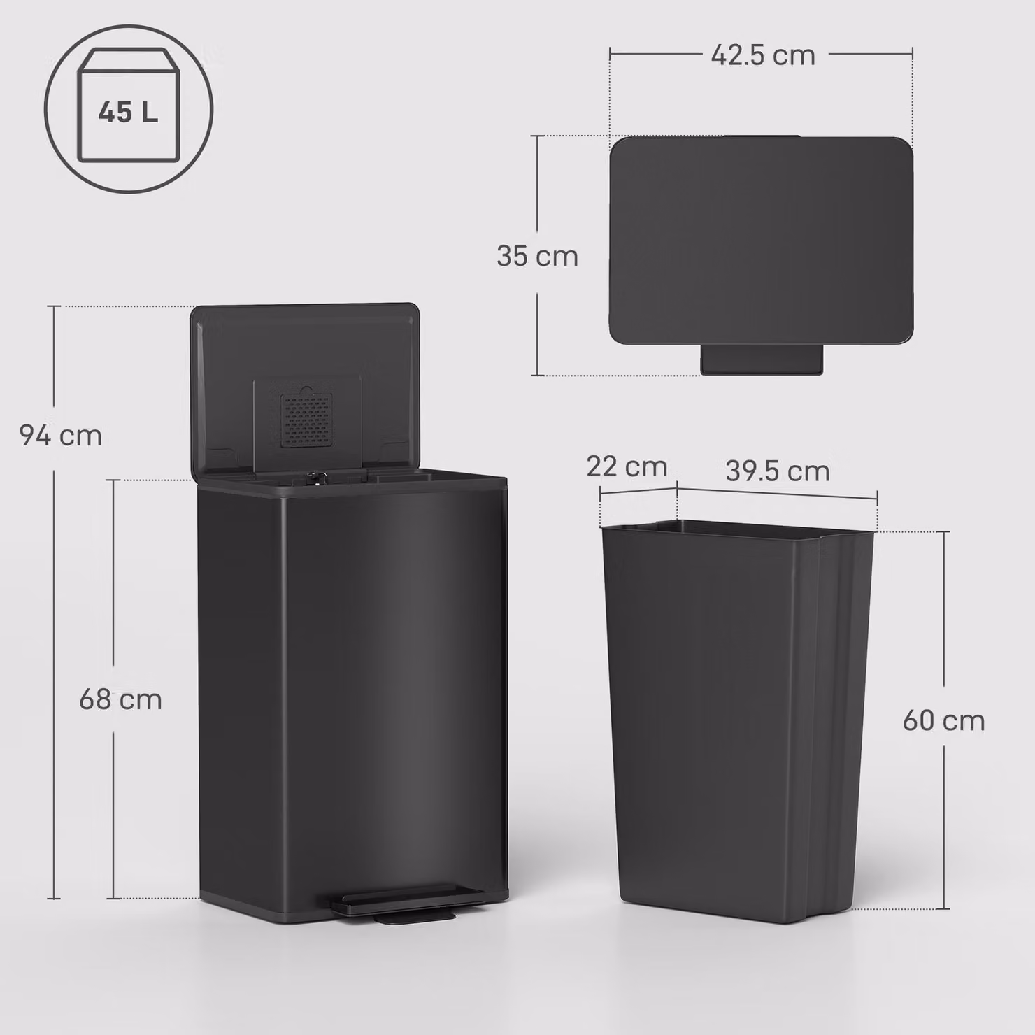 HOMCOM 45L Black Stainless Steel Kitchen Pedal Bin with Soft-Close Lid, Removable Inner Bucket and Odour Filter – 3
