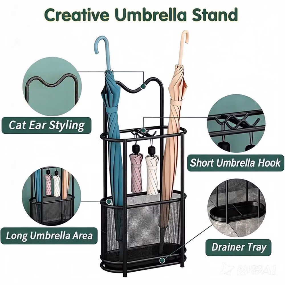 Nordara Black Metal Freestanding Umbrella Stand with Removable Drip Tray and Hooks, H 100 cm x W 15 cm x D 15 cm – 4