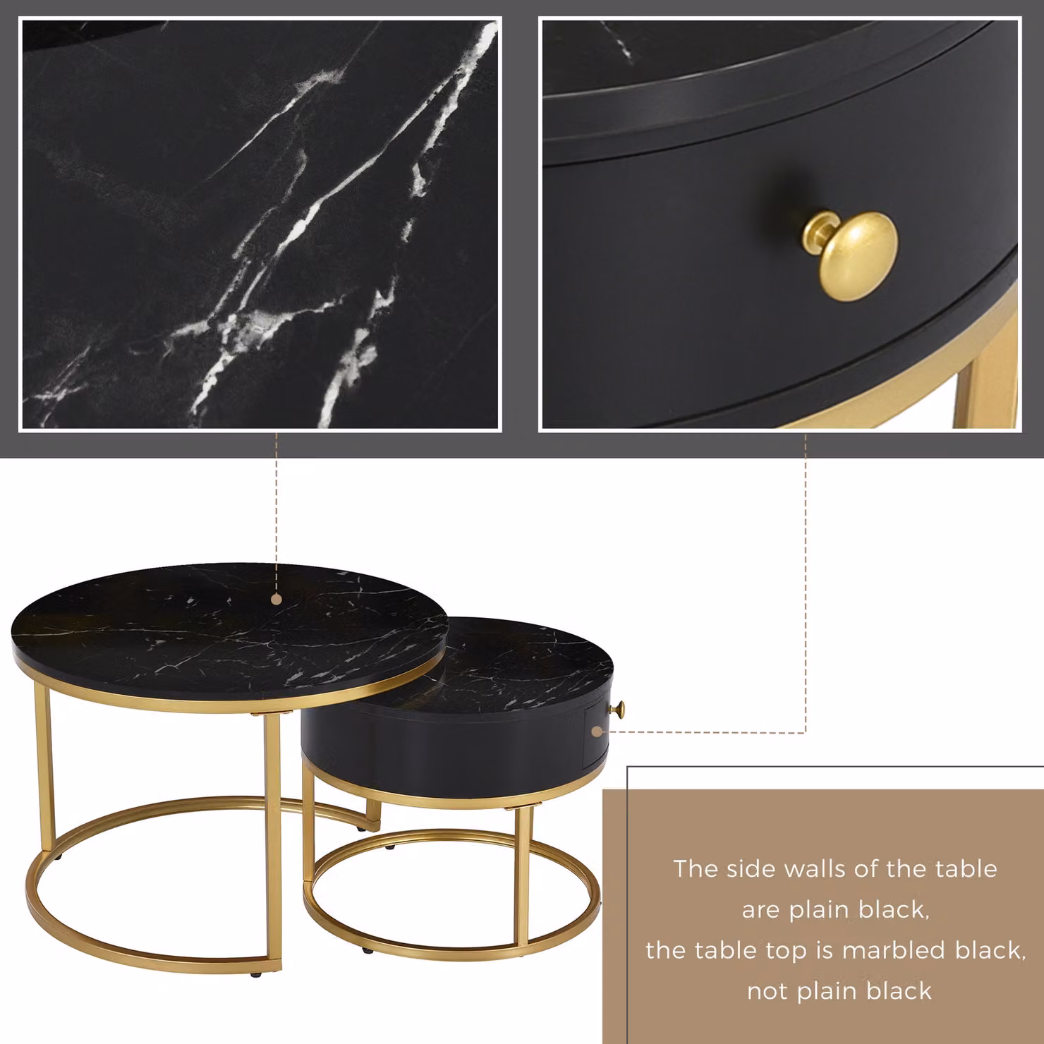 Aosom.UK Round Nesting Coffee Tables with Storage Drawer, Black Marble Top and Gold Metal Frame – 6