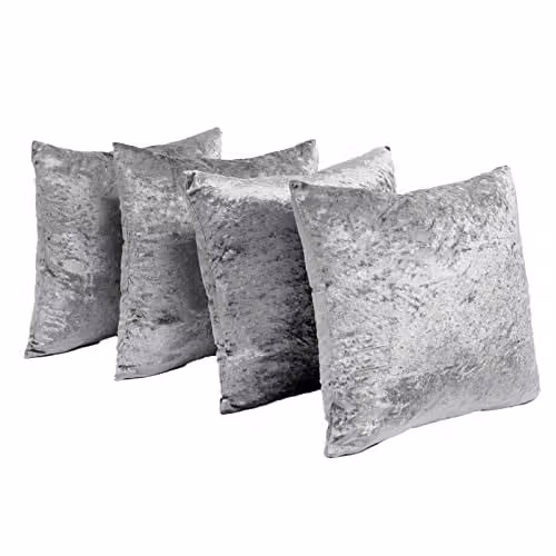 OHS Luxury Crushed Velvet Set of 4 Filled Square Cushions with Removable Covers, Silver Grey, W/D/H: 45 x 45 x 45 cm