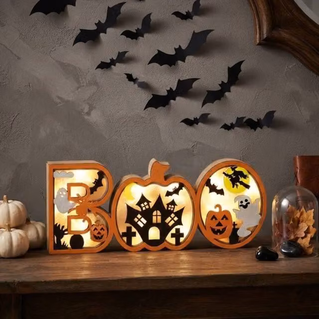 Garden Greatness LED Light Up Wooden Halloween Boo Sign in Multicolour