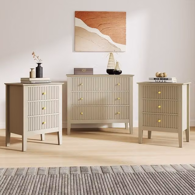 Melody Maison Hales Taupe Range 3 Drawer Chest and Pair of Bedside Tables in Beige