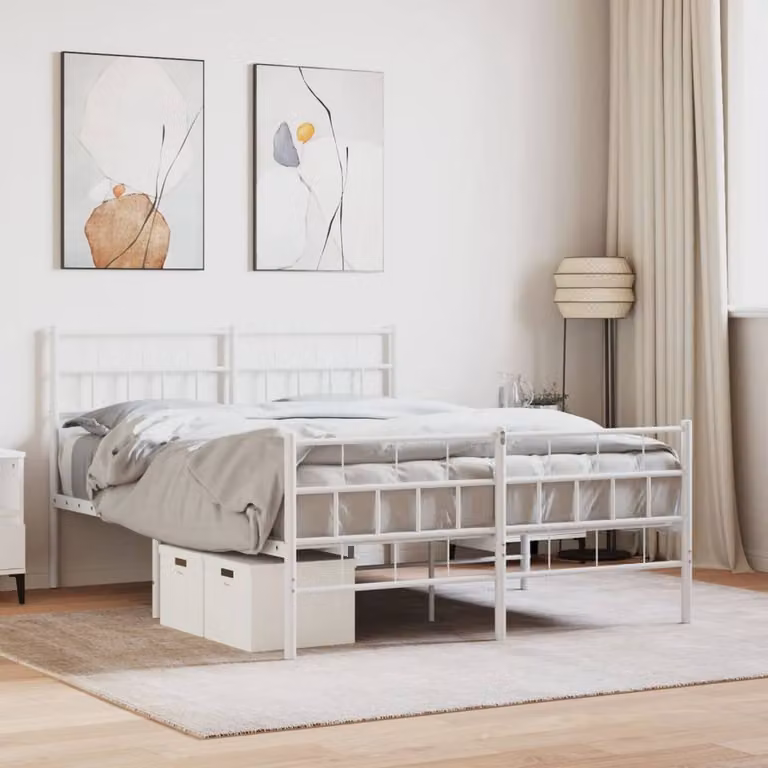Berkfield Home Metal Bed Frame with Headboard and Footboard in White, W/D/H: 140 x 190 cm