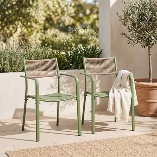 Core Products 3-Piece Bistro Garden Set with Two Rope-Effect Armchairs and Round Metal Table in White or Green – 3