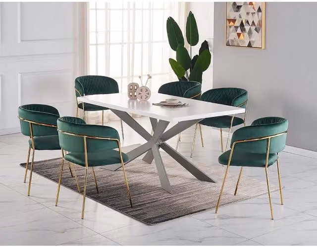 Atarah Duke LUX Modern Rectangular Dining Set with Table and 6 Green and Gold Upholstered Chairs