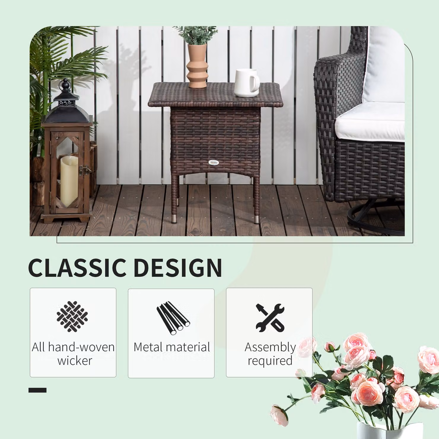 Outsunny Outdoor Rattan Side Table with Plastic Board and Powder Coated Steel Frame, Mixed Brown – 3
