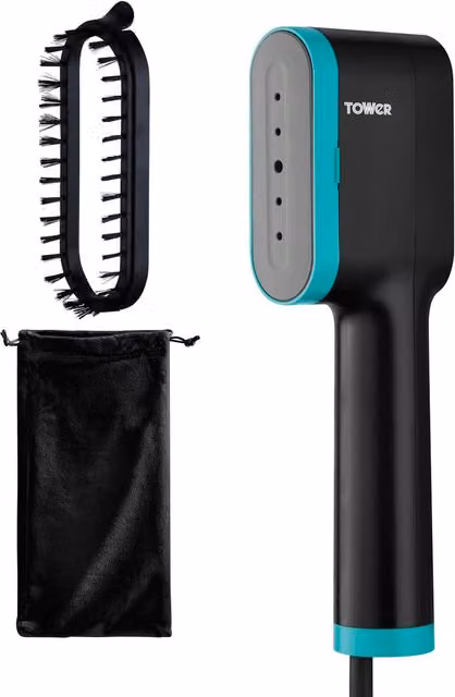 Tower Handheld Garment Steamer in Black and Petrol with Brush Attachment