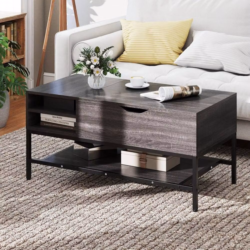 KORVIXA Modern Square Coffee Table with Storage Shelf and Lift Mechanism in Grey, W/D: 100 x 100 cm – 4