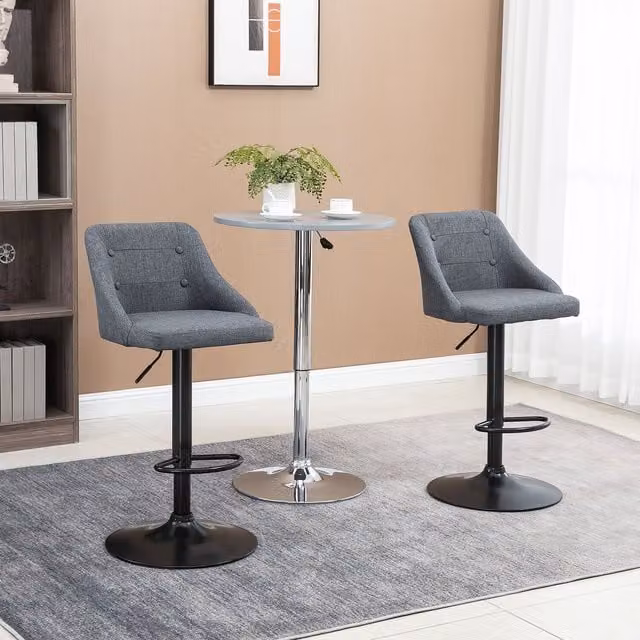 HOMCOM Set of 2 Modern Swivel Bar Stools in Dark Grey with Fabric Upholstery and Metal Frame