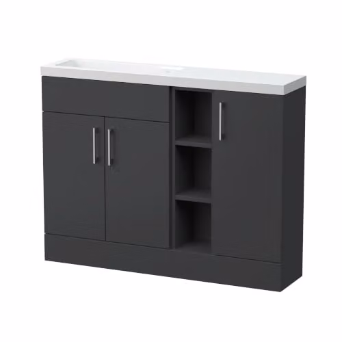 Balterley Wichnor Modern Floor Standing 3 Door Combination Vanity Basin Unit with Open Shelves and Polymarble Basin, Grey, W: 110 cm, H: 85.5 cm, D: 57.75 cm – 4
