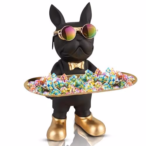 Huhote Black French Bulldog Resin Statue and Candy Dish Tray Ornament – 1