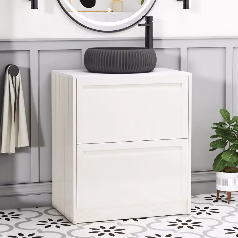 Royal Bathrooms Elmore Classic White Floor Standing 2 Drawer Vanity Unit with Milan Black Basin, Width: 70 cm