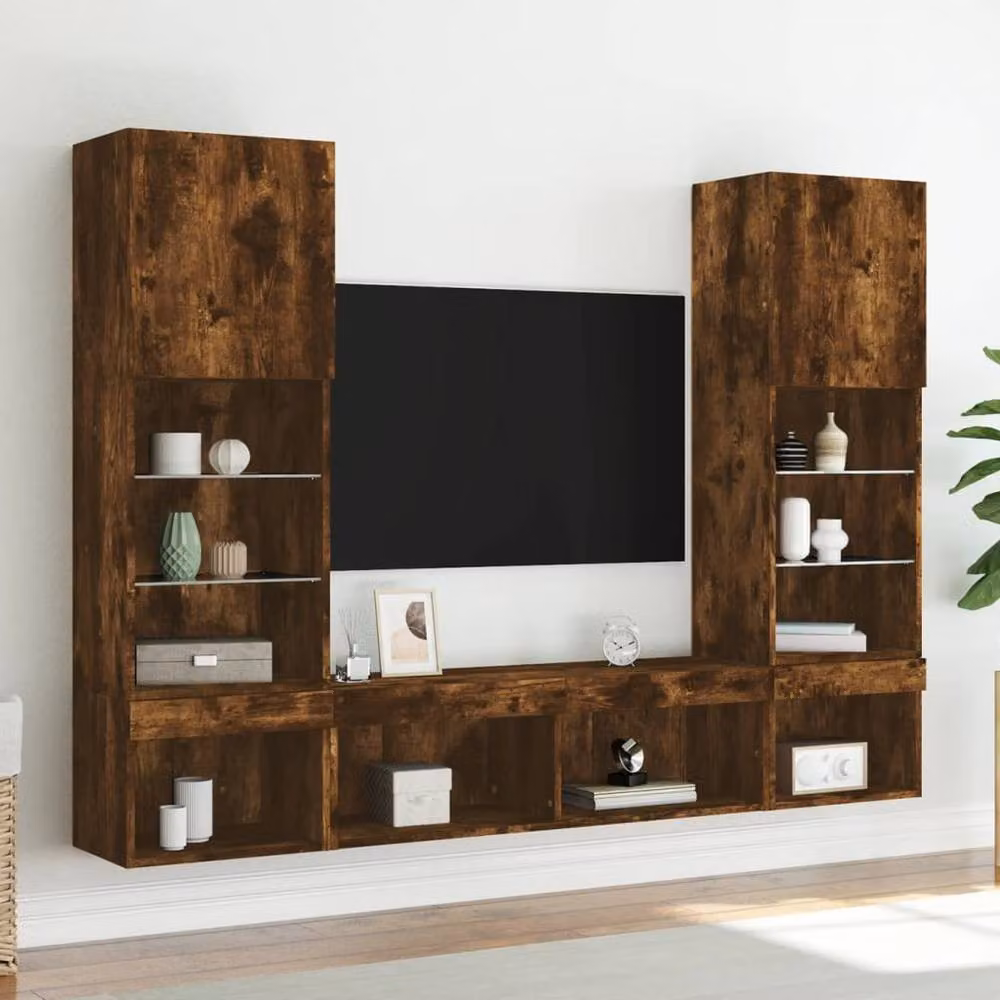 Berkfield Home 5 Piece Versatile TV Wall Unit with LED Lighting in Smoked Oak Brown, W/D/H: 102 x 30 x 102 cm – 2