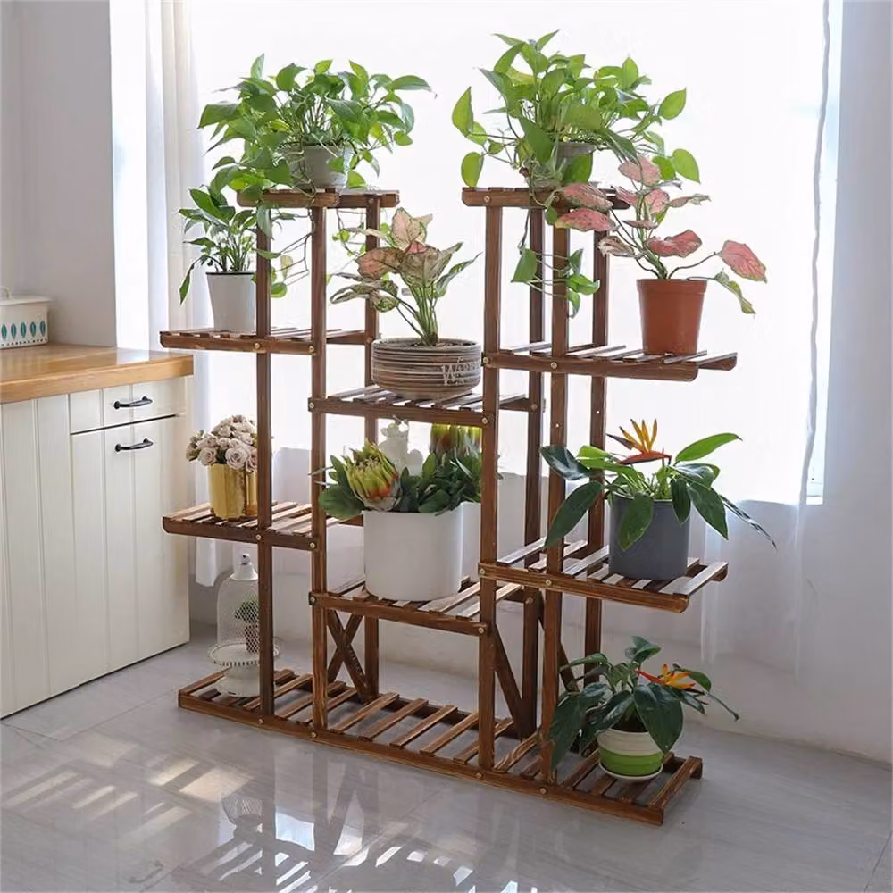 Ventryn Large Multi Tier Rustic Pine Wood Plant Stand Ladder Shelf in Brown – 4