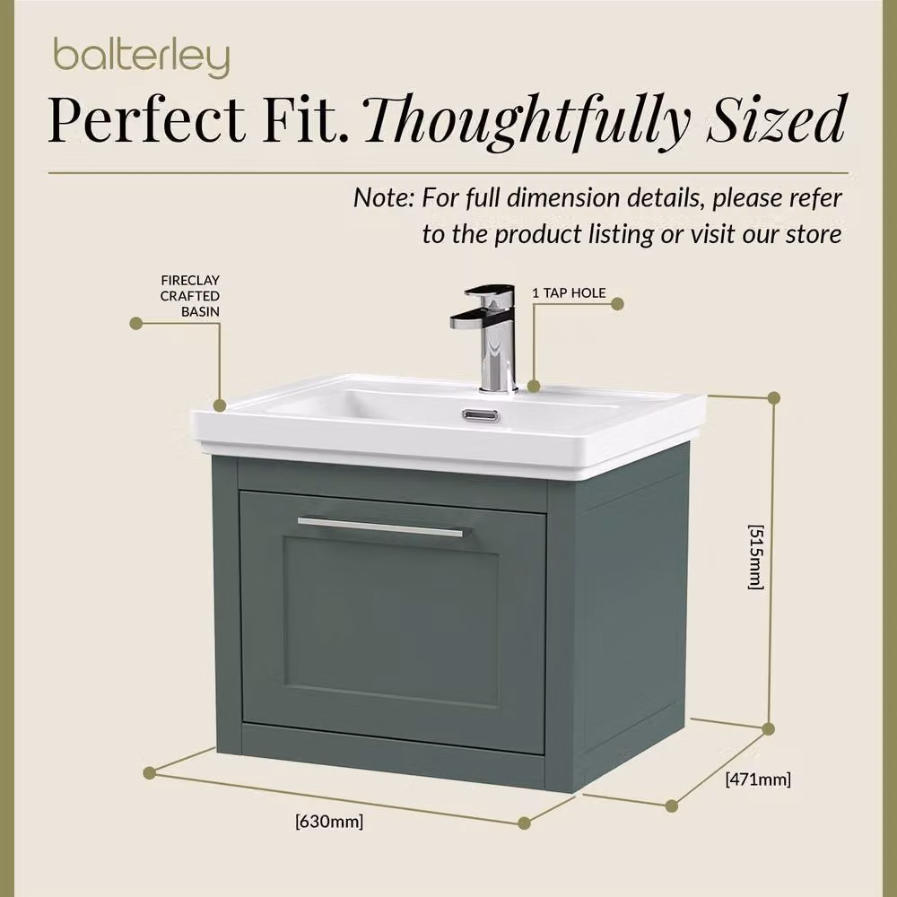 Balterley Wall Hung 1 Drawer Vanity Unit and 1TH Fireclay Basin, Green, Width: 60 cm – 3
