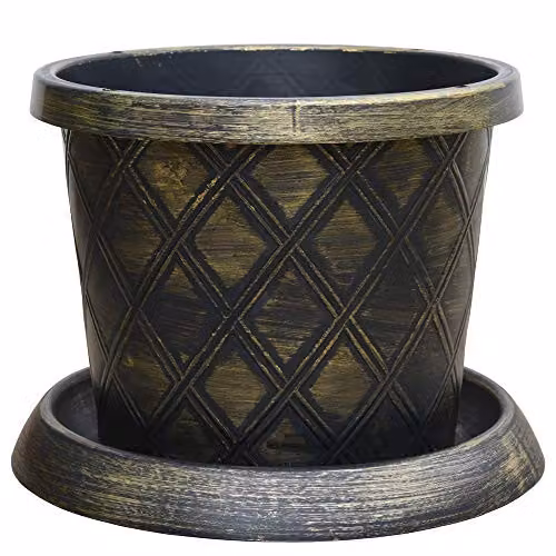 Thompson and Morgan Large Patio Pot and Saucer with Black and Gold Lattice Effect, Diameter: 39 cm, Height: 10 cm – 1