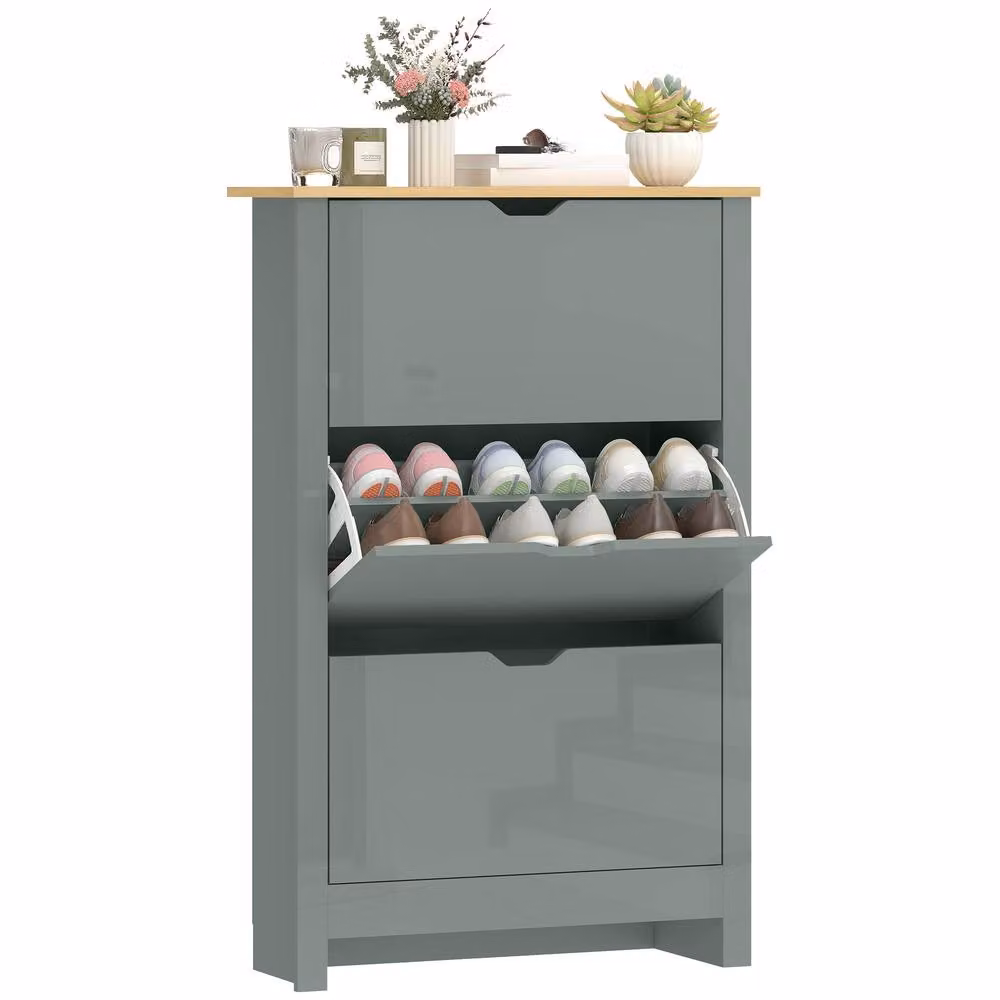 HOMCOM Modern Light Grey Shoe Storage Cabinet with 6 Shelves and 3 Drawers – 2