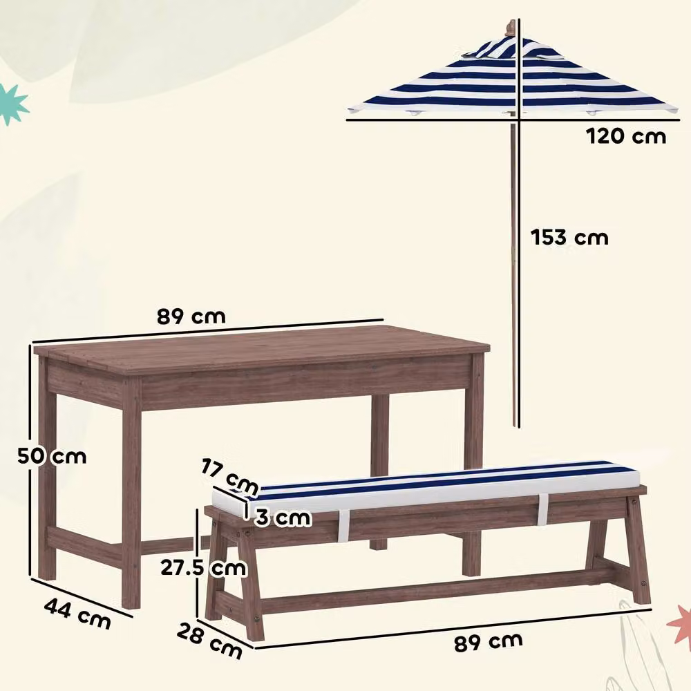 STILVORA Kids Picnic Table Set with Umbrella and Striped Blue Cushions in Wood – 3