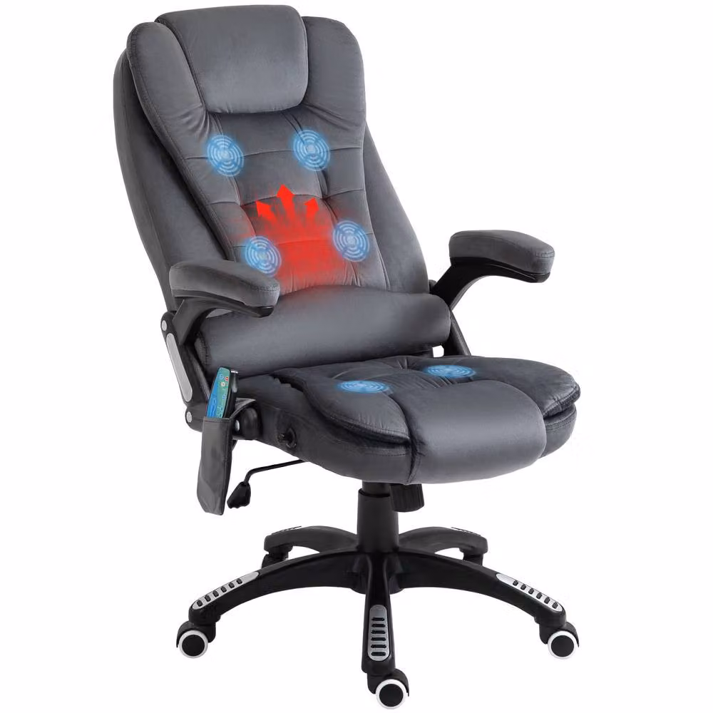 Rolipo Heated 6-Point Massage Reclining Velvet-Feel Office Chair in Grey – 2