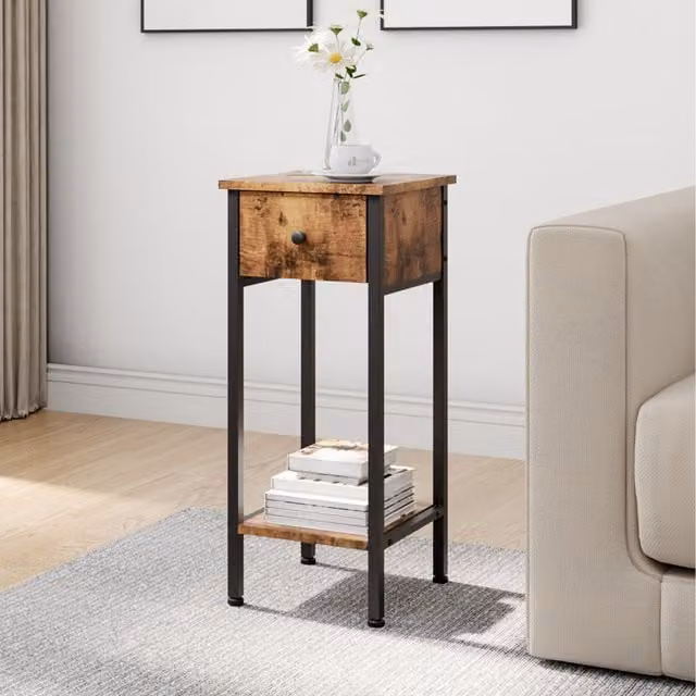 Komore Minimalist Bedside Table with Shelf in Brown and Black