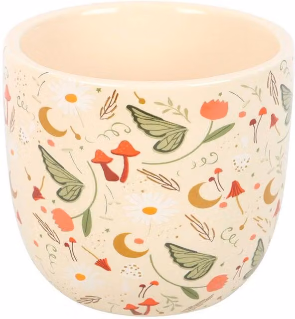 Something Different Folklore Ceramic Floral Tabletop Plant Pot in Beige, W/D/H: 11.0 x 11.0 x 11.0 cm