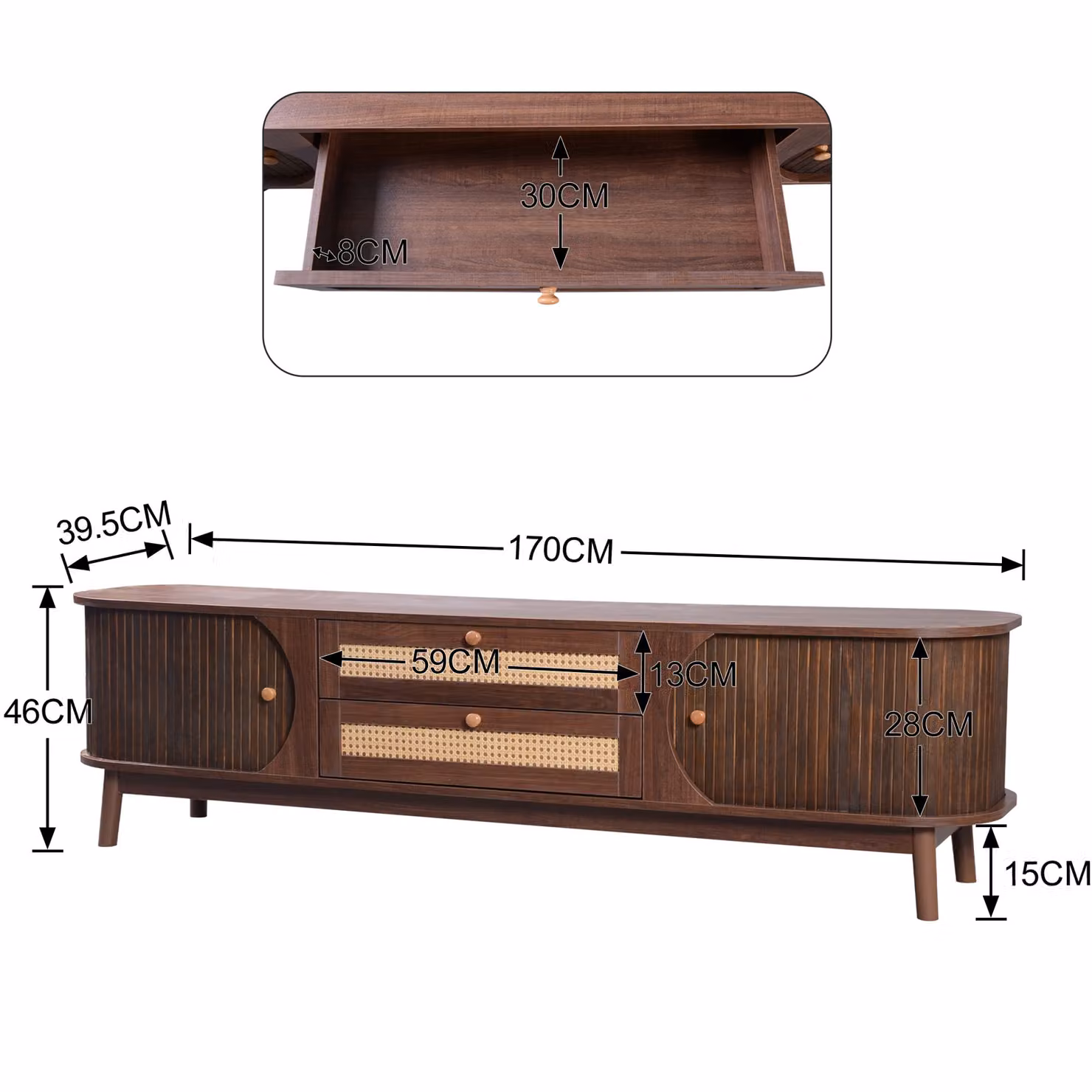 Aosom Modern Natural Walnut TV Stand with Rattan Drawers and Solid Wood Legs, W: 170 cm, D: 39.5 cm, H: 46 cm – 3