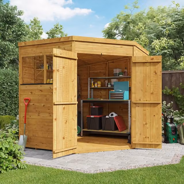 BillyOh Expert Tongue and Groove Corner Workshop Shed in Brown Wood with Pent Roof and Window