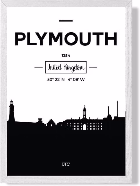 ARTZE Plymouth Black and White City Skyline Framed Print with White Frame
