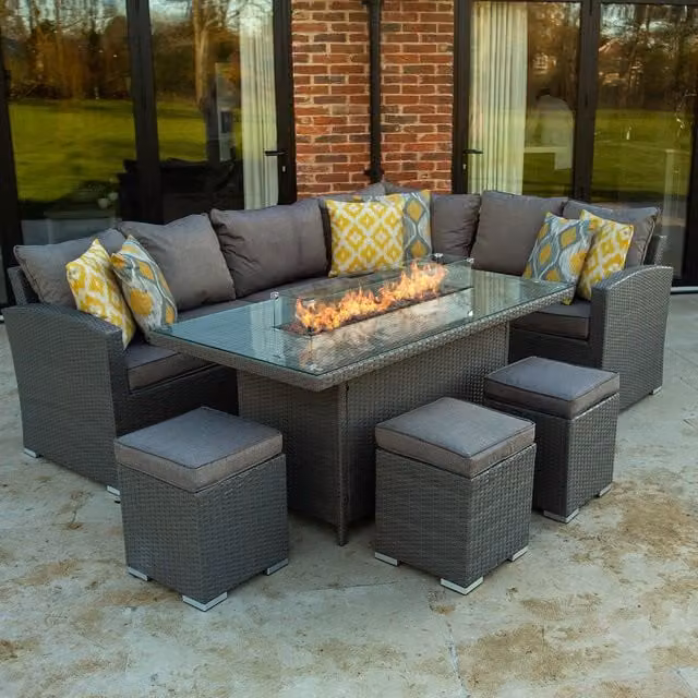 Bracken Outdoors Dakota Rectangular Corner Dining Gas Firepit Garden Furniture Set in Grey