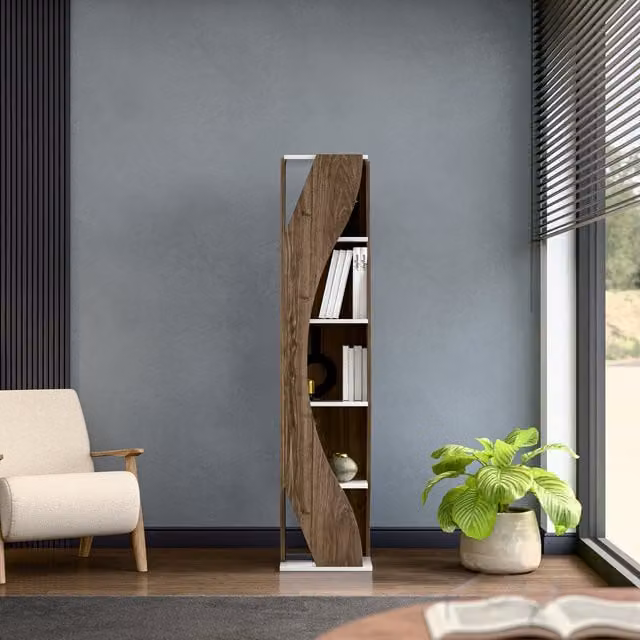 Decorotika Reva Modern Corner Bookcase in Brown and White