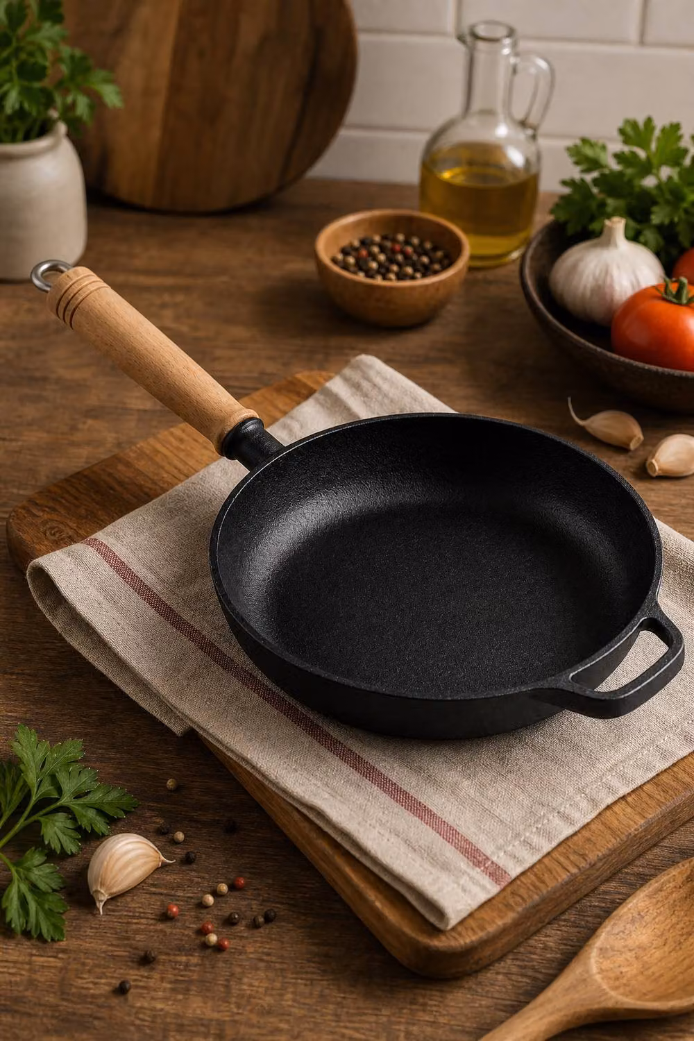 Garden Sanctuary Uncoated Cast Iron Round Frying Pan with Removable Wooden Handle in Black – 2