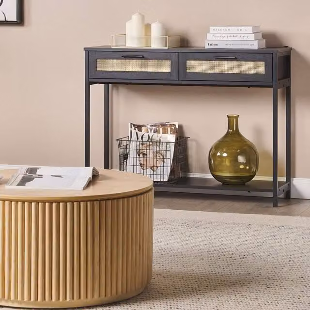 Wyld and Coco Boho Console Table in Black Rubberwood with Gold Details, W/D/H: 100 x 30 x 75 cm