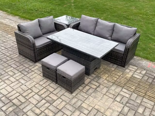Fimous Dark Grey Rattan Garden Furniture Set with Height Adjustable Dining Table, Lounge Sofa and Side Table
