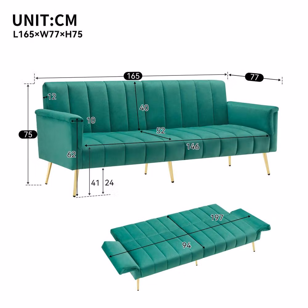 Merax Modern Convertible Velvet Sofa Bed in Green with Adjustable Back and Armrests – 6