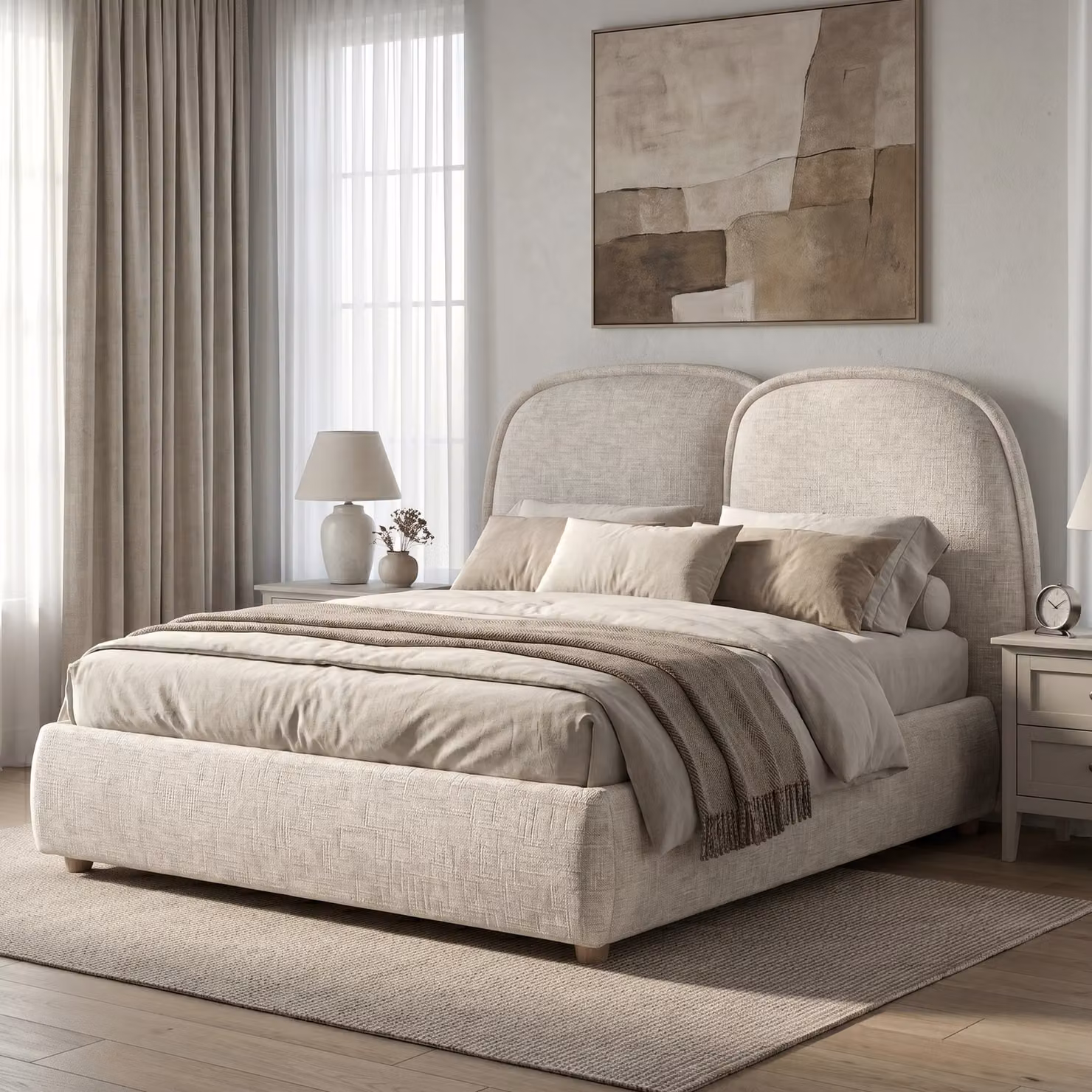 Embracea Upholstered Bed Frame with Tall Headboard, Double (4ft6), Beige