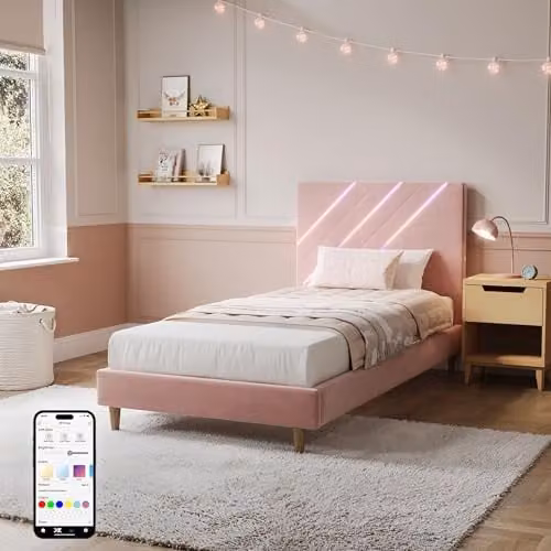 X-Rocker Lily Single Bed Frame in Pink with Upholstered Velvet and Under-Bed LED Lighting, W/D/H: 90 x 190 cm
