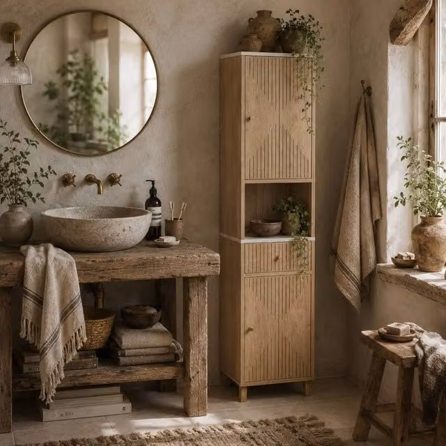Wyld Haus Fasu Slim Tall Bathroom Cabinet in Light Oak with Soft Close Drawer and Internal Shelves, H 168.0 cm x W 41.5 cm