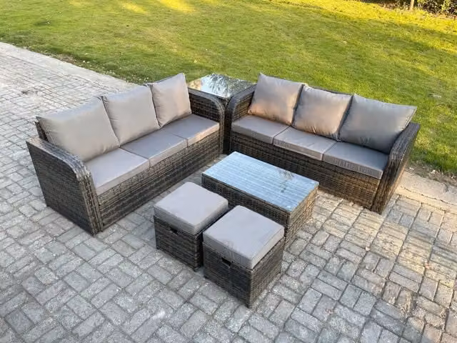 Fimous 8 Seater Grey Wicker Rattan Garden Furniture Set with Rectangular Coffee Table, 3 Seater Sofa, Side Table and Footstools