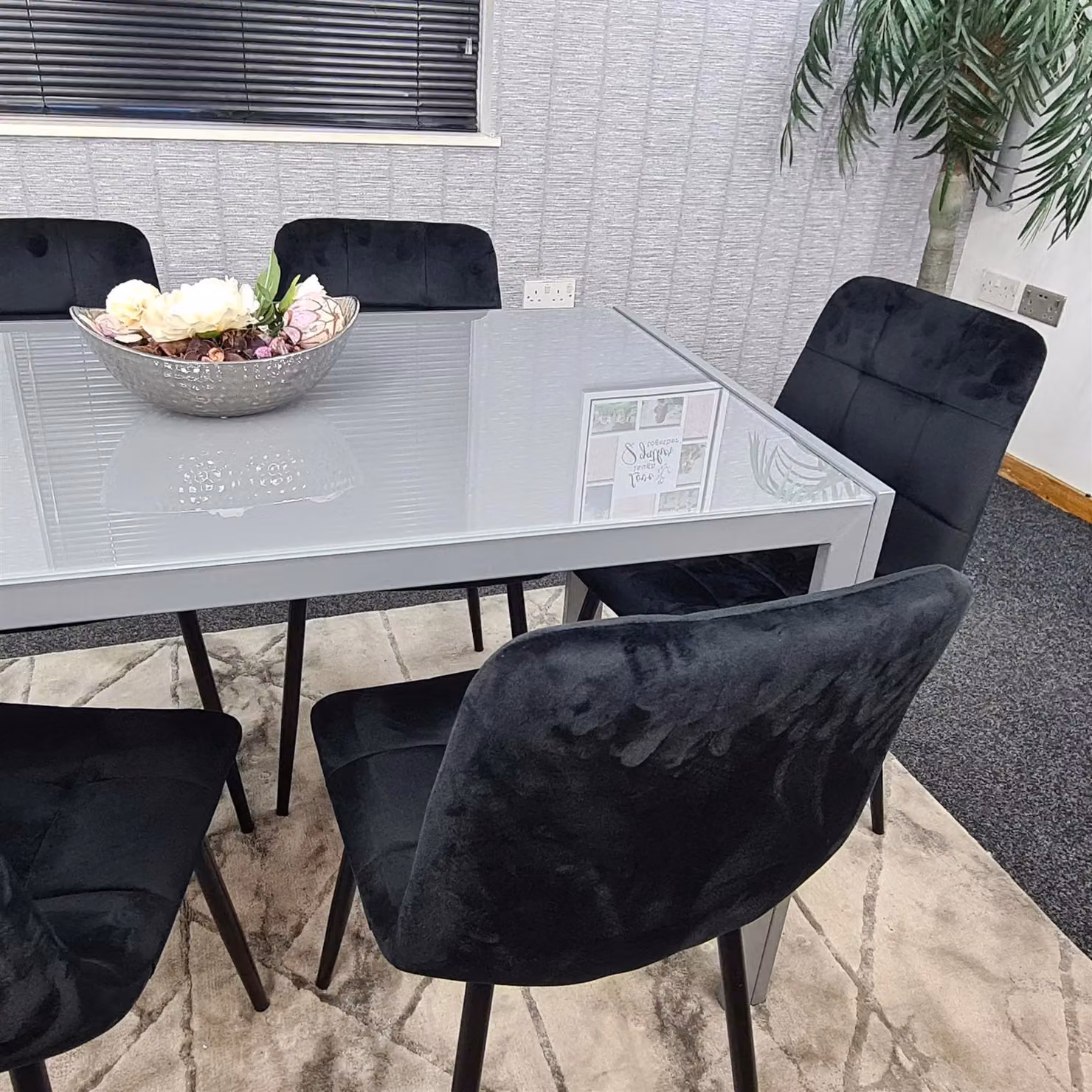 KOSY KOALA Modern Grey Glass Rectangular Dining Table with 4 Black Velvet Chairs and Brown Metal Legs – 3