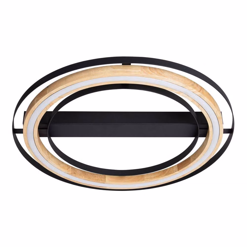 Netlighting Rilas Integrated LED Semi Flush Ceiling Light in Black and Wood with Warm White 3000K Dimmable Lighting – 2